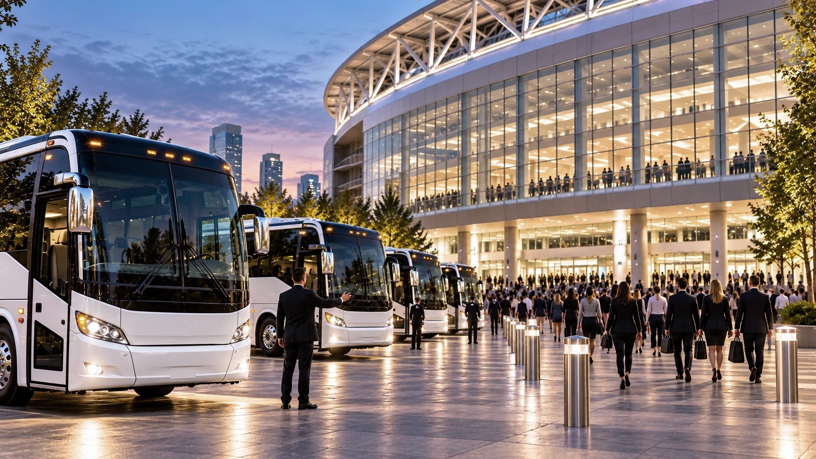 Multiple charter buses coordinated for a large event